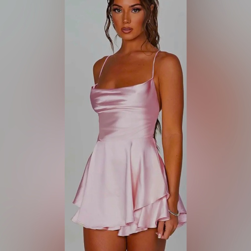 NWOT LouVasabuce Backless Short Romper Satin Dress Cowl Neck Spaghetti Straps